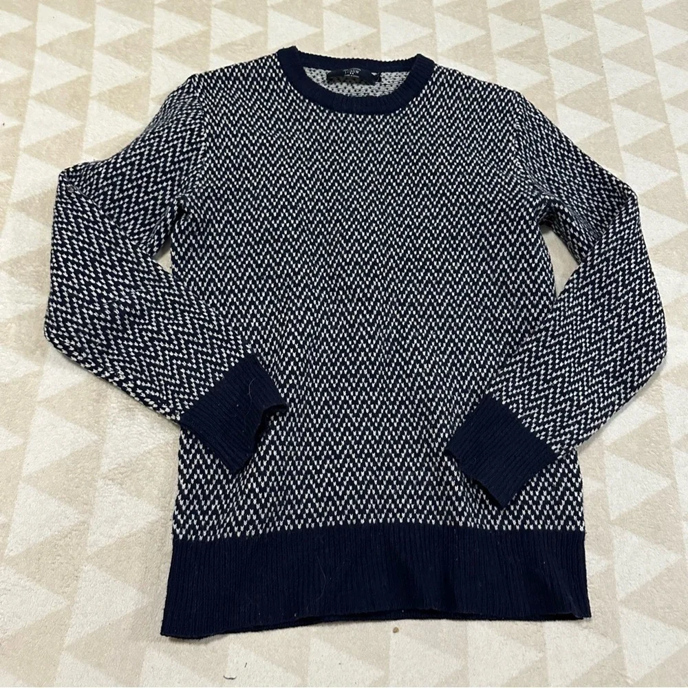 J crew mens lambswool colorblock herringbone sweater navy blue